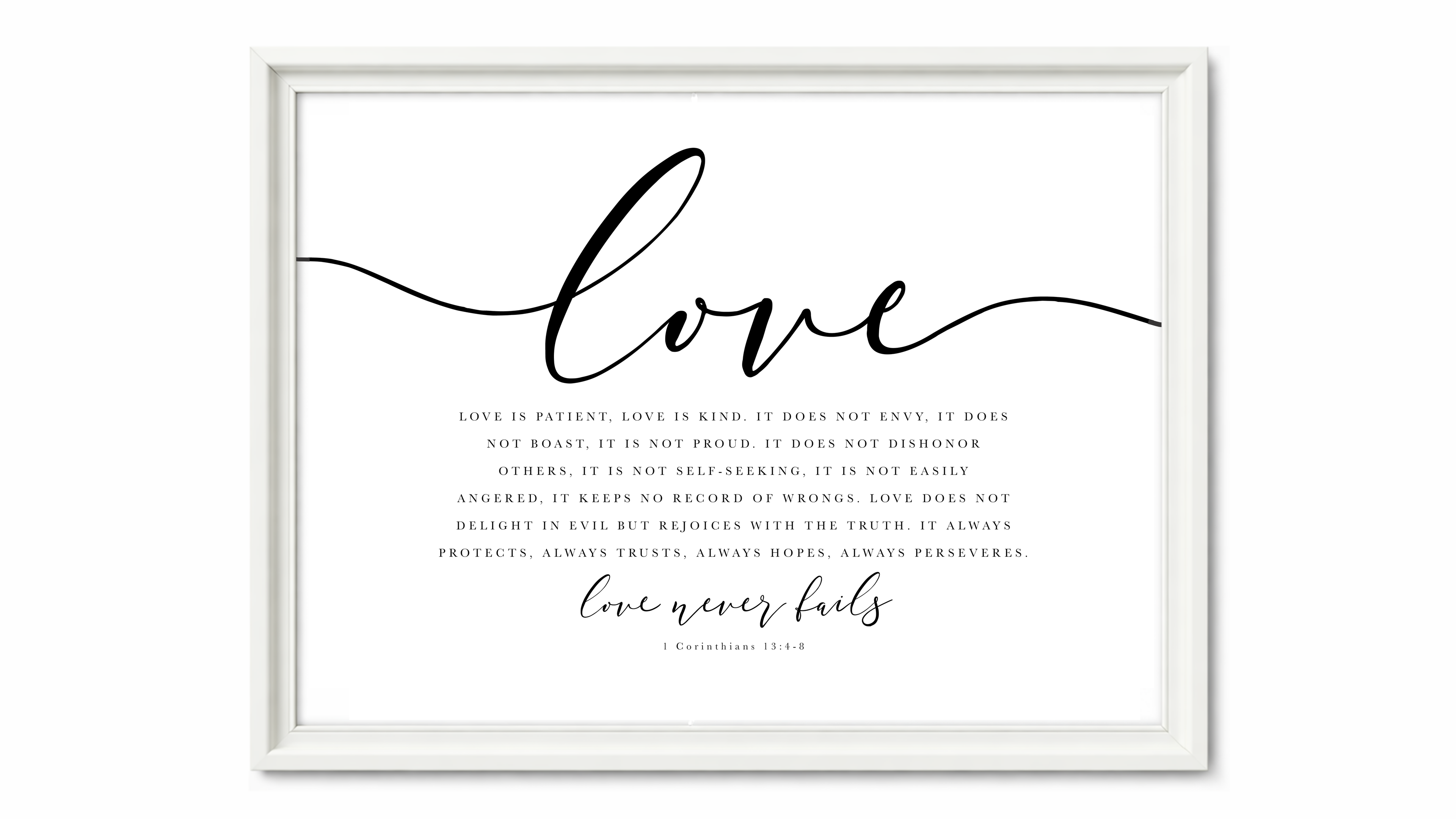 Love Never Fails — 1 Corinthians 13:4–8 | 24×36 XL Framed Scripture Wall Art