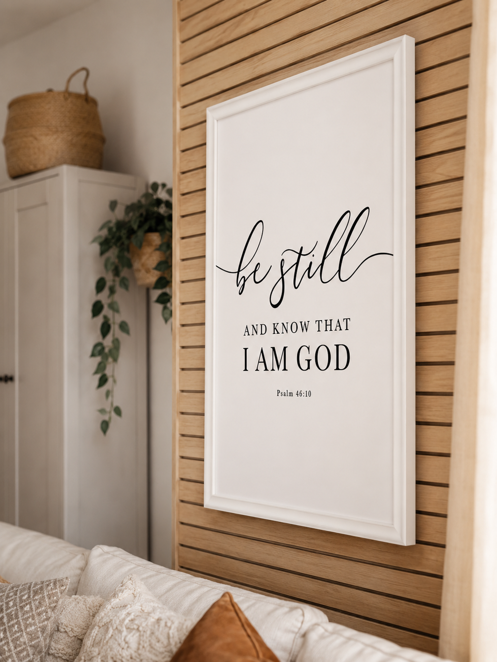 Be Still & Know — Psalm 46:10 | 24×36 White Framed Scripture Wall Art