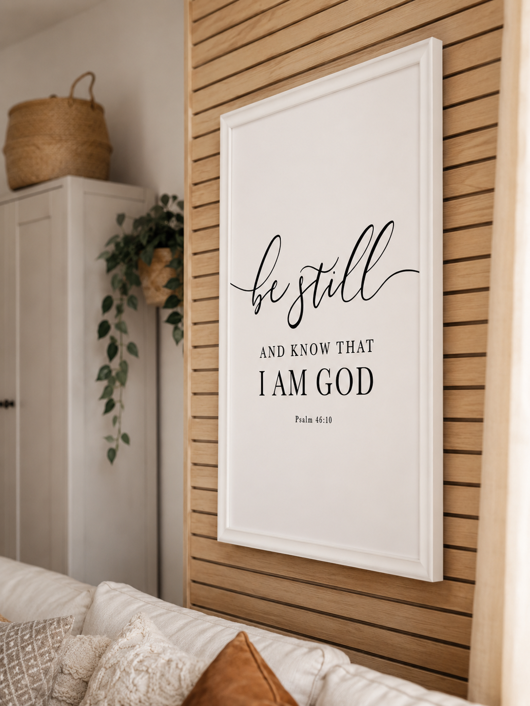 Be Still & Know — Psalm 46:10 | 24×36 White Framed Scripture Wall Art