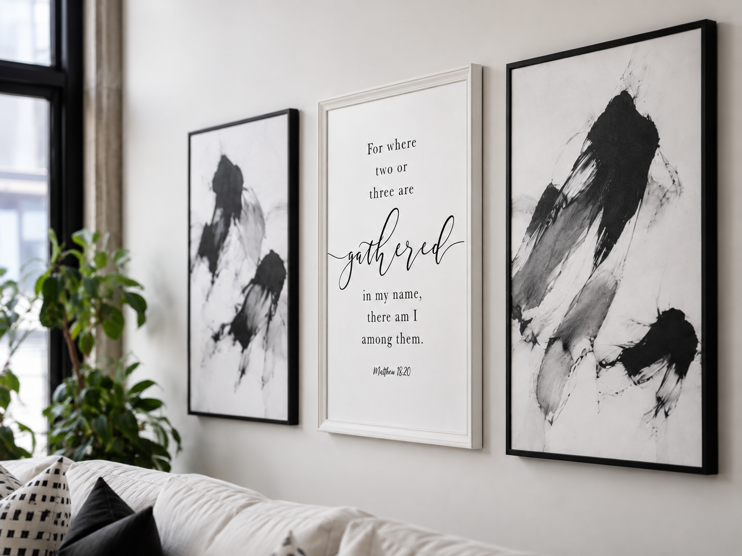 Where Two or Three Are Gathered — Matthew 18:20 | 24×36 White Framed Scripture Wall Art