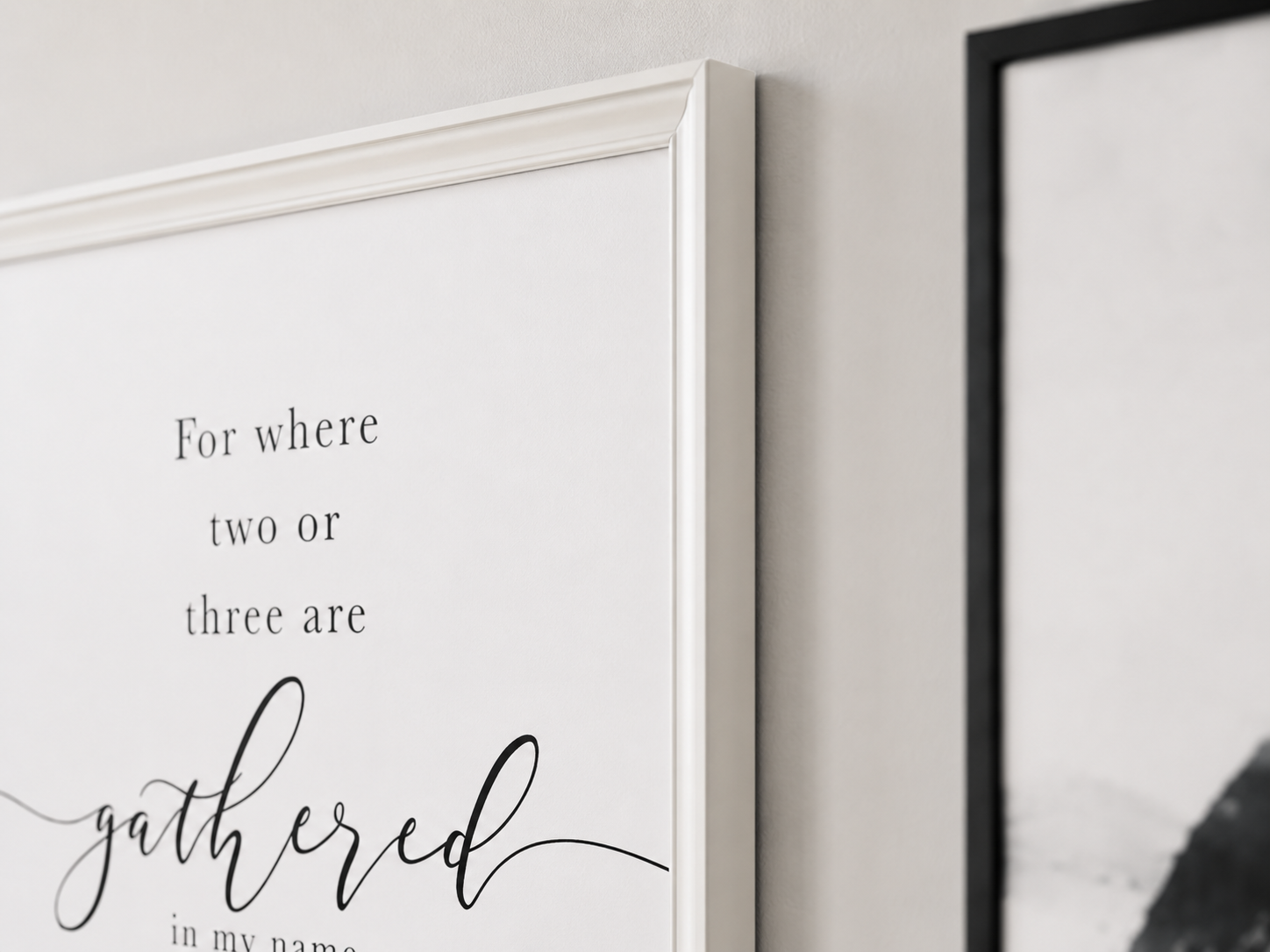 Where Two or Three Are Gathered — Matthew 18:20 | 24×36 White Framed Scripture Wall Art
