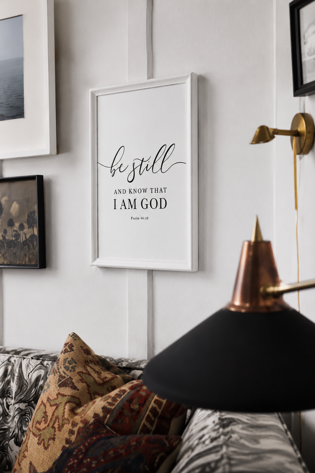 Be Still & Know — Psalm 46:10 White Framed Christian Wall Art | 12×16