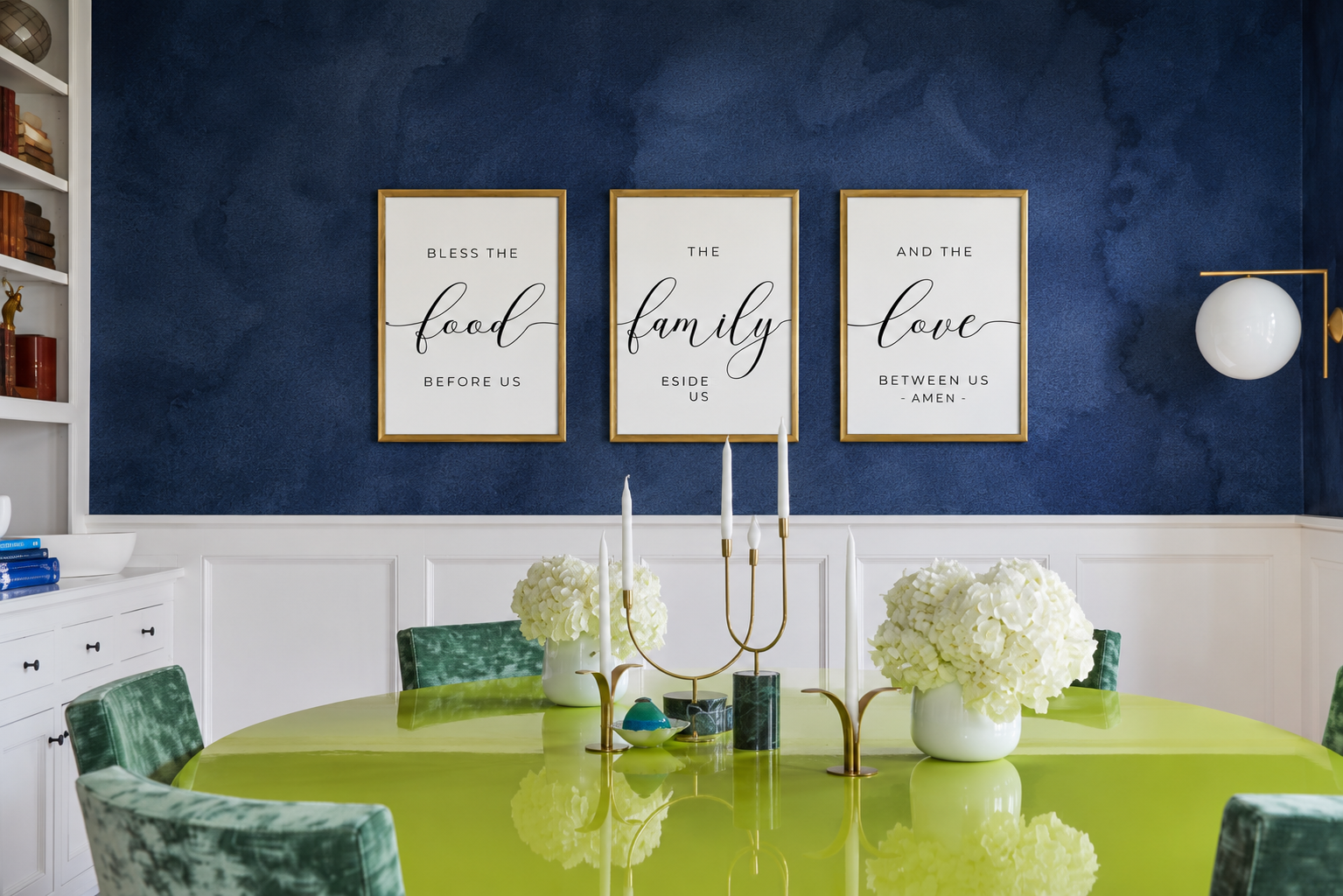 Bless the Food, Family & Love — 3-Piece Dining Prayer Set | 12×16 Gold Framed Wall Art