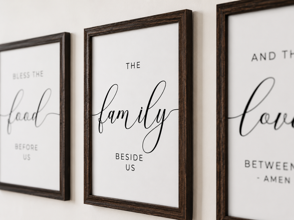 Bless the Food, Family & Love — 3-Piece Dining Prayer Set | 12×16 Dark Oak Framed Wall Art