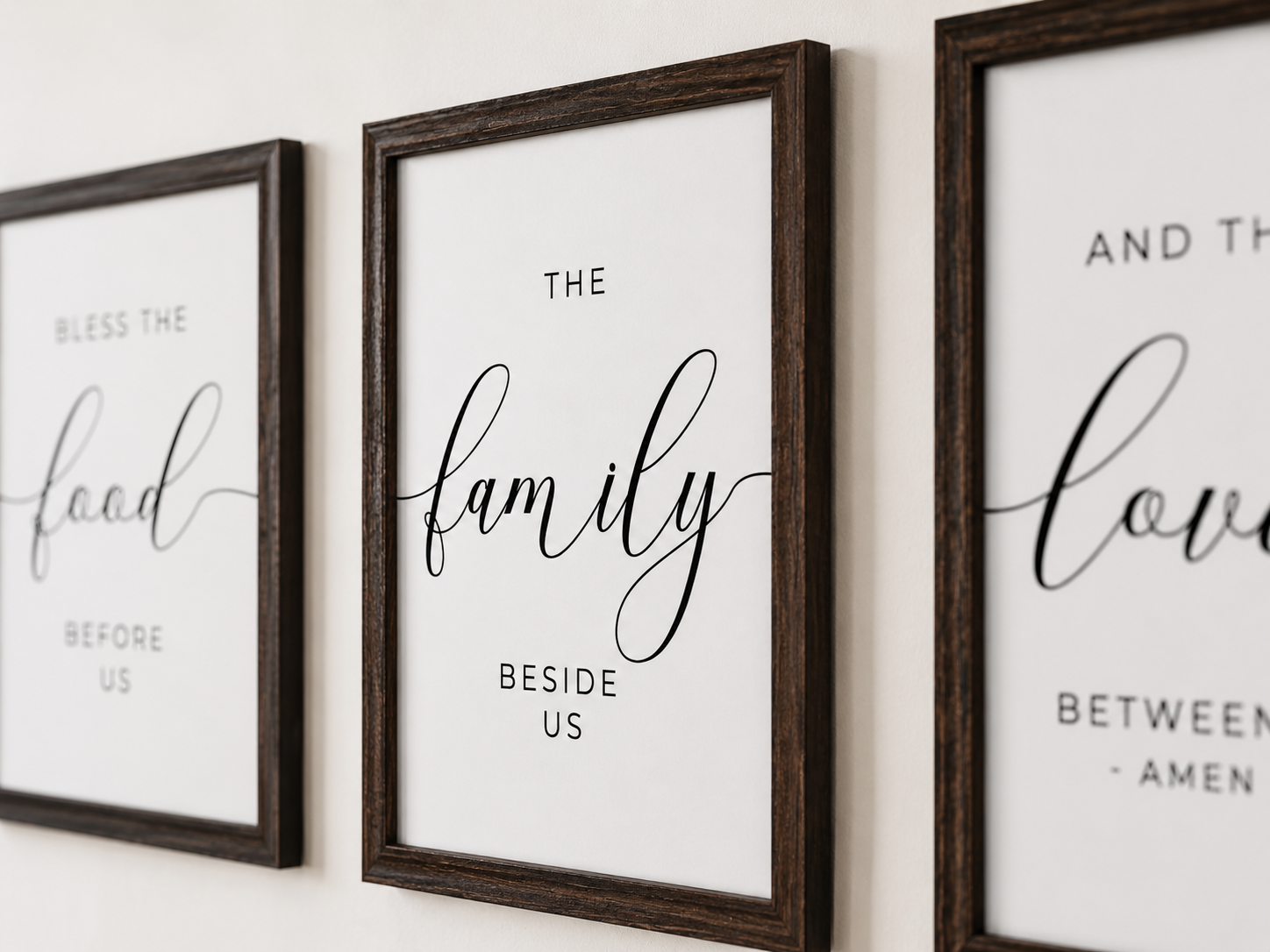 Bless the Food, Family & Love — 3-Piece Dining Prayer Set | 12×16 Dark Oak Framed Wall Art