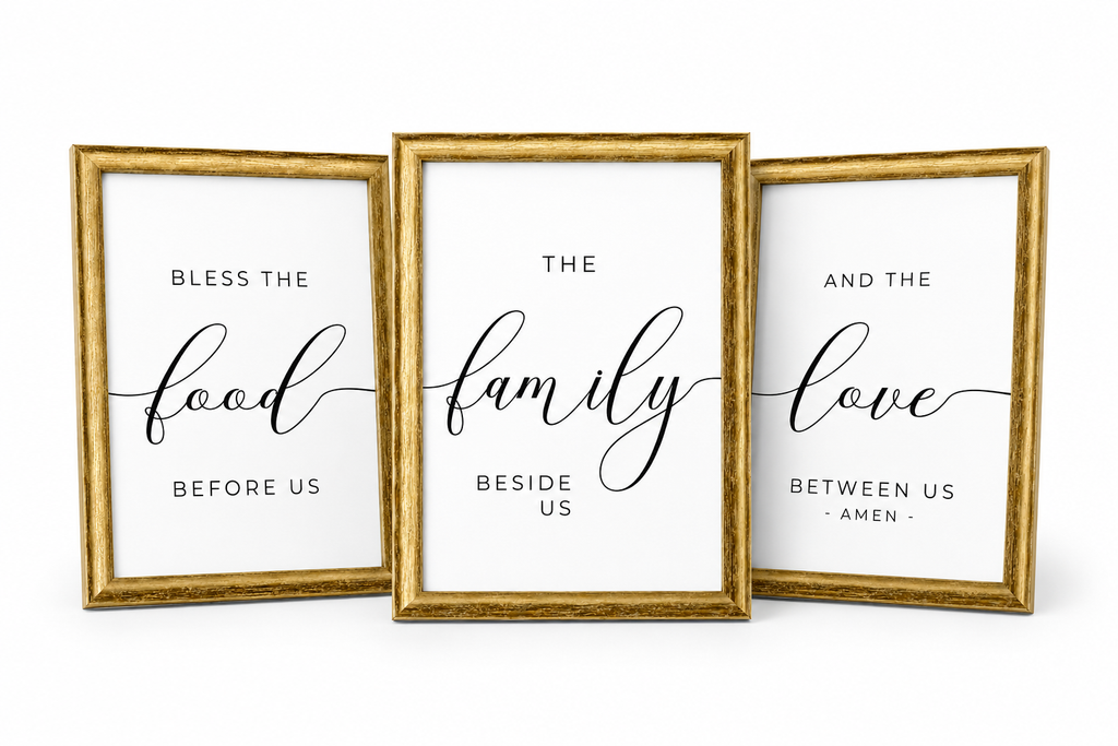 Bless the Food, Family & Love — 3-Piece Dining Prayer Set | 12×16 Gold Framed Wall Art