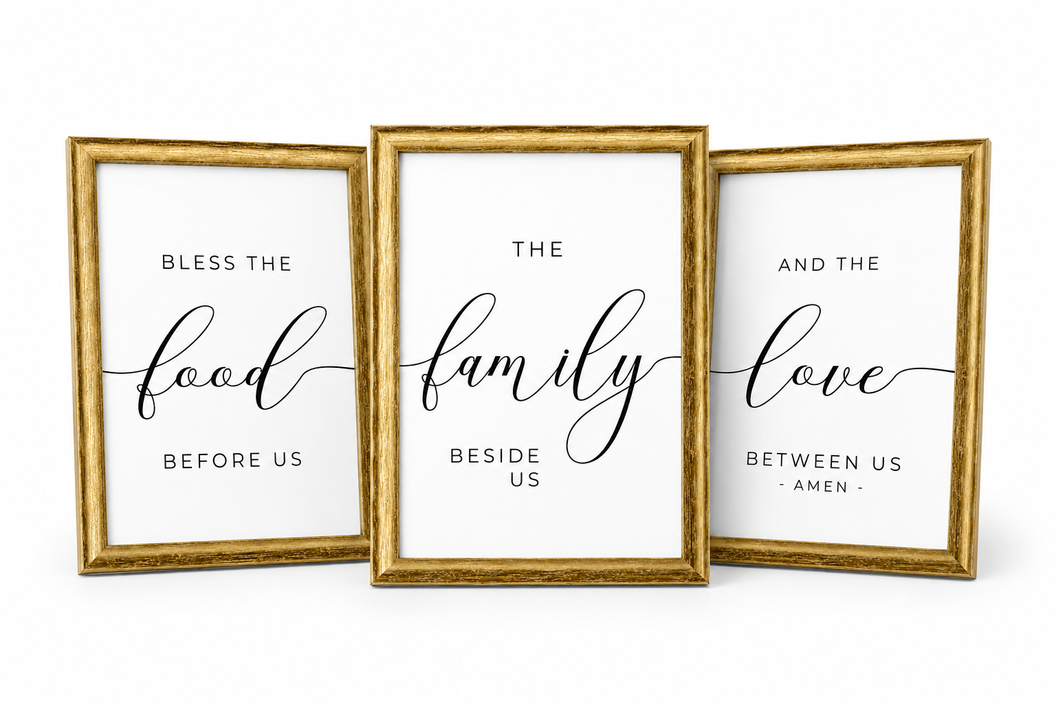 Bless the Food, Family & Love — 3-Piece Dining Prayer Set | 12×16 Gold Framed Wall Art