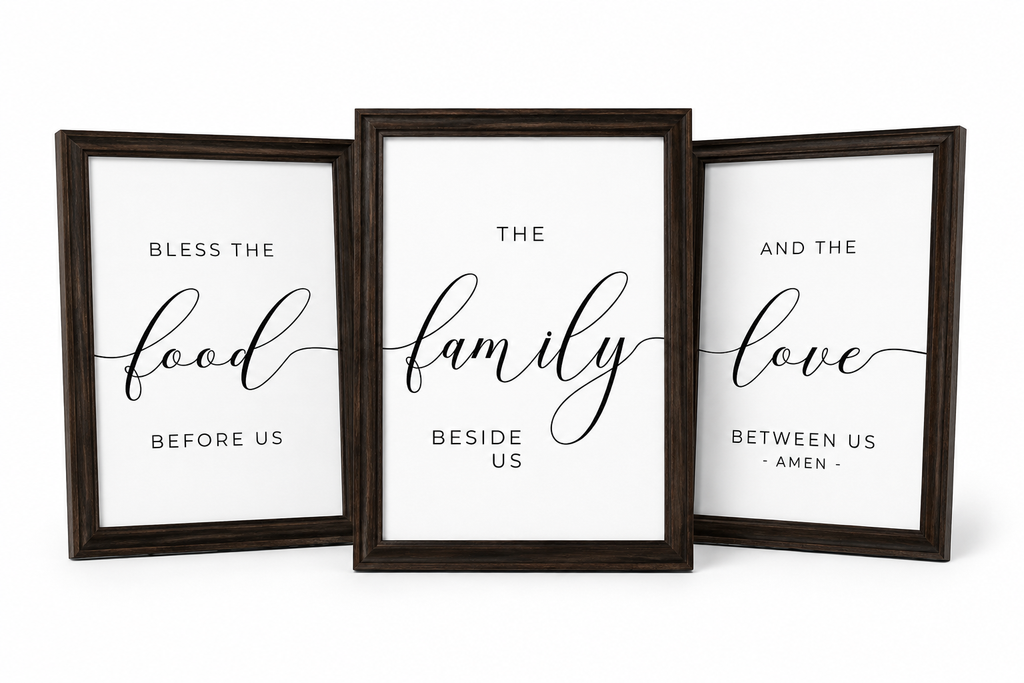 Bless the Food, Family & Love — 3-Piece Dining Prayer Set | 12×16 Dark Oak Framed Wall Art