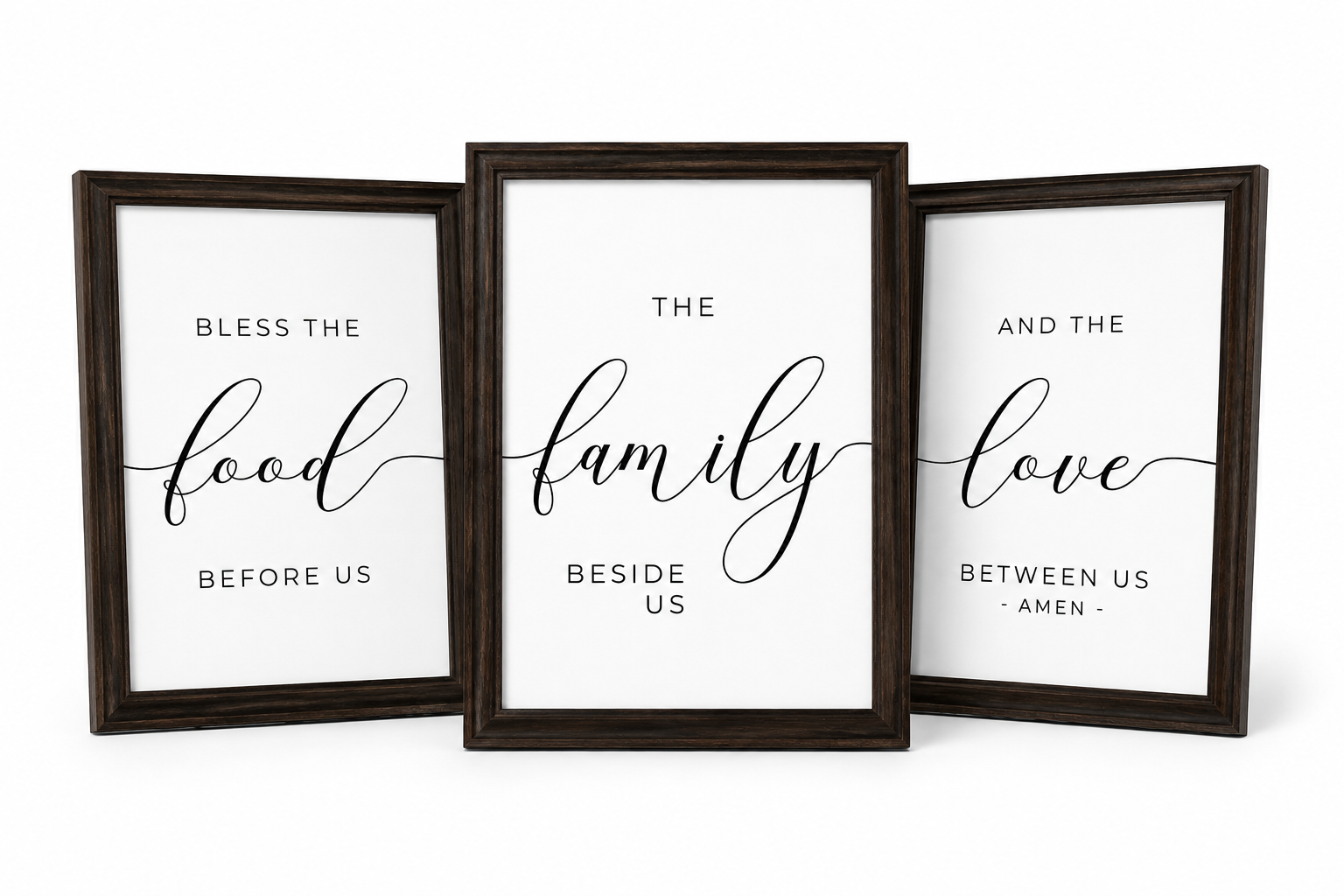 Bless the Food, Family & Love — 3-Piece Dining Prayer Set | 12×16 Dark Oak Framed Wall Art