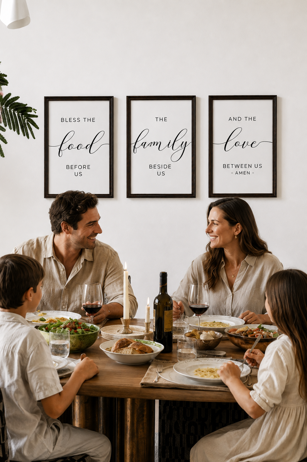 Bless the Food, Family & Love — 3-Piece Dining Prayer Set | 12×16 Dark Oak Framed Wall Art