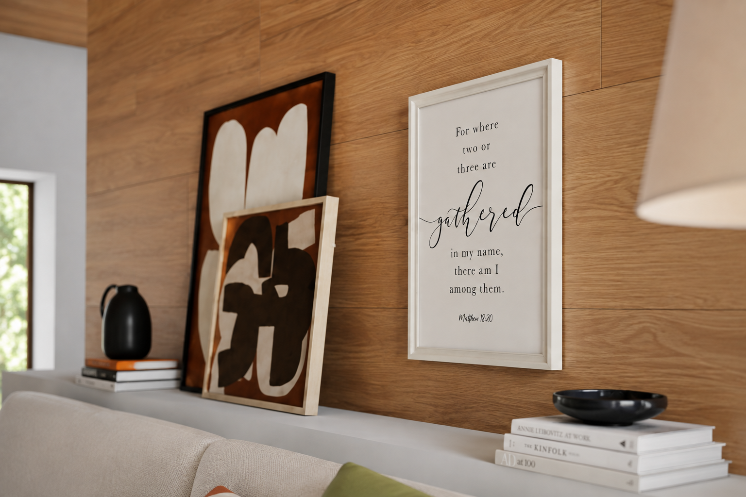 Where Two or Three Are Gathered — Matthew 18:20 | 12×16 White Framed Scripture Wall Art