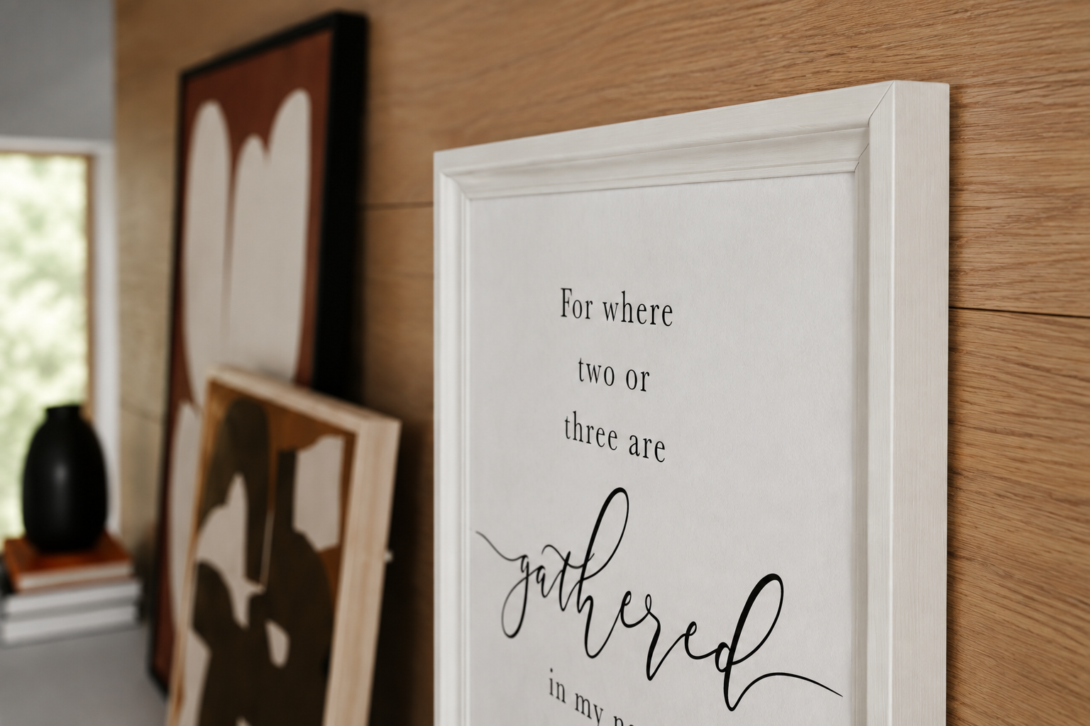 Where Two or Three Are Gathered — Matthew 18:20 | 12×16 White Framed Scripture Wall Art