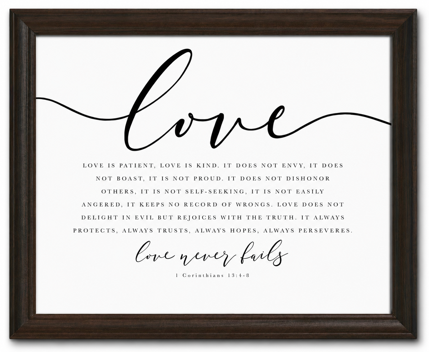 Love Never Fails — 1 Corinthians 13:4–8 | 12×16 Dark Oak Framed Scripture Wall Art