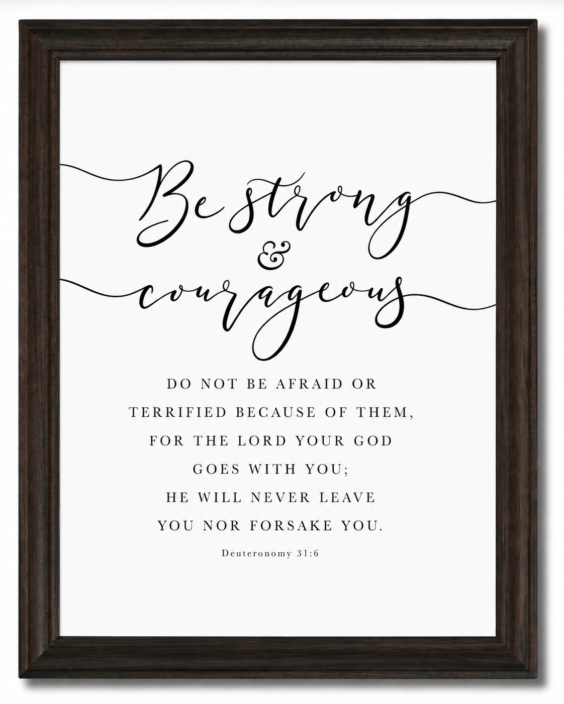 Be Strong & Courageous — Deuteronomy 31:6 | 12×16 Dark Oak Framed Scripture Wall Art