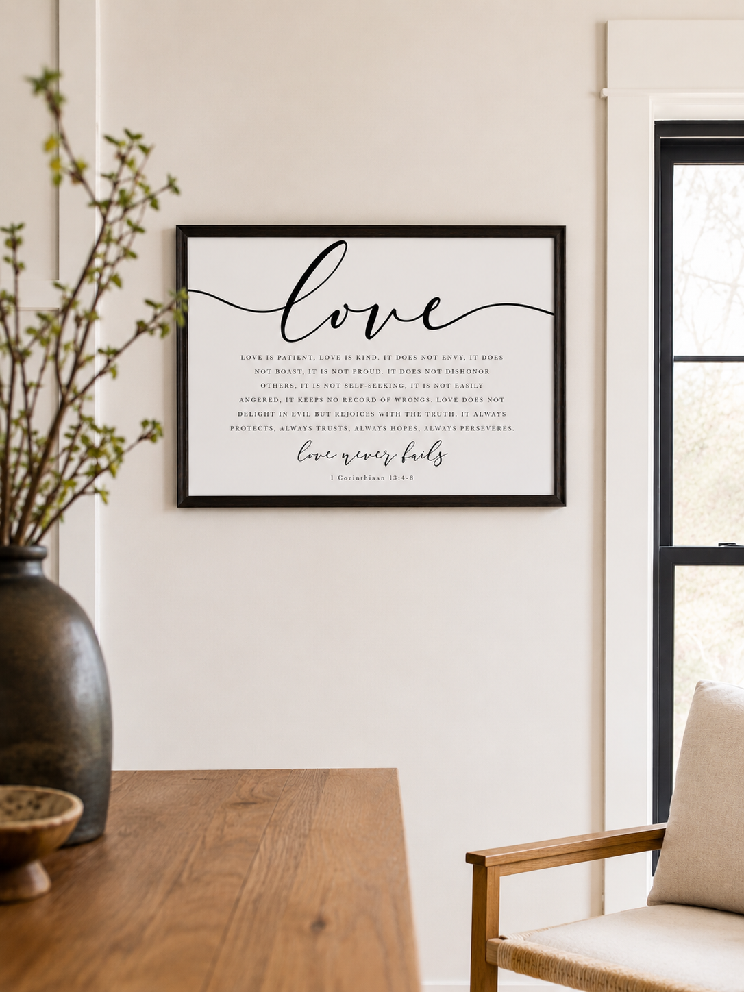 Love Never Fails — 1 Corinthians 13:4–8 | 12×16 Dark Oak Framed Scripture Wall Art