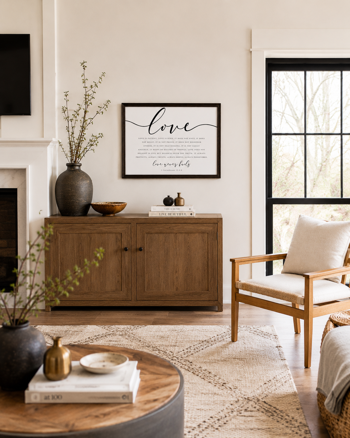 Love Never Fails — 1 Corinthians 13:4–8 | 12×16 Dark Oak Framed Scripture Wall Art