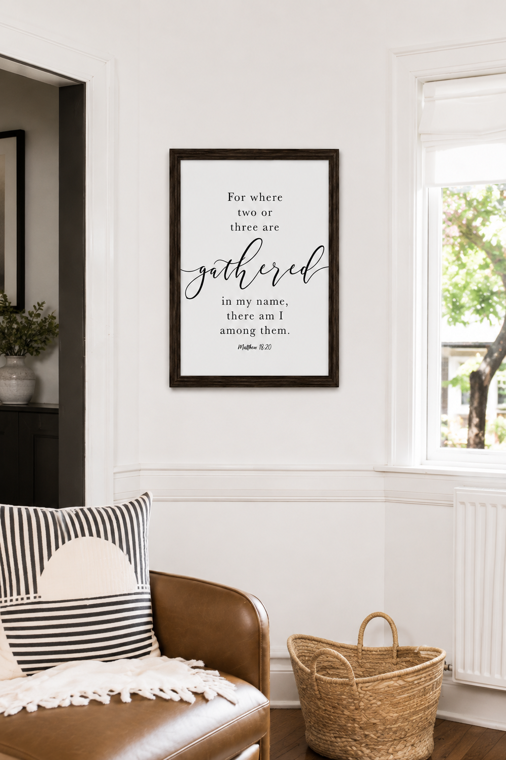 Where Two or Three Are Gathered — Matthew 18:20 | 12×16 Dark Oak Framed Scripture Wall Art