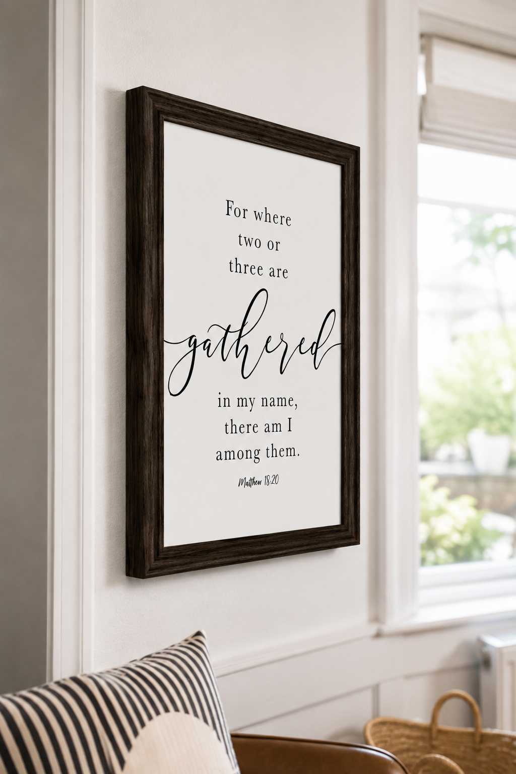 Where Two or Three Are Gathered — Matthew 18:20 | 12×16 Dark Oak Framed Scripture Wall Art