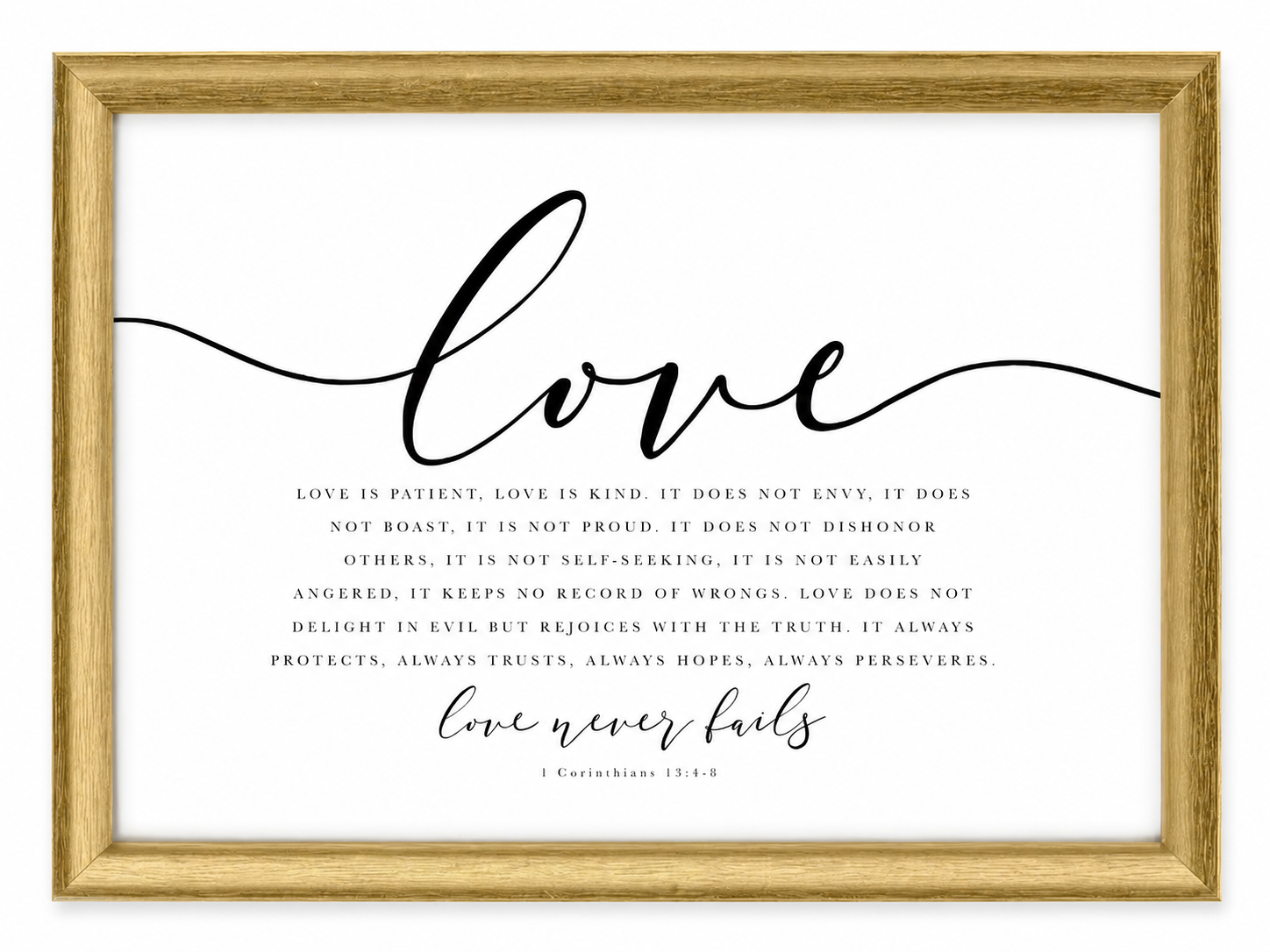 Love Never Fails — 1 Corinthians 13:4–8 | 24×36 Gold Framed Scripture Wall Art
