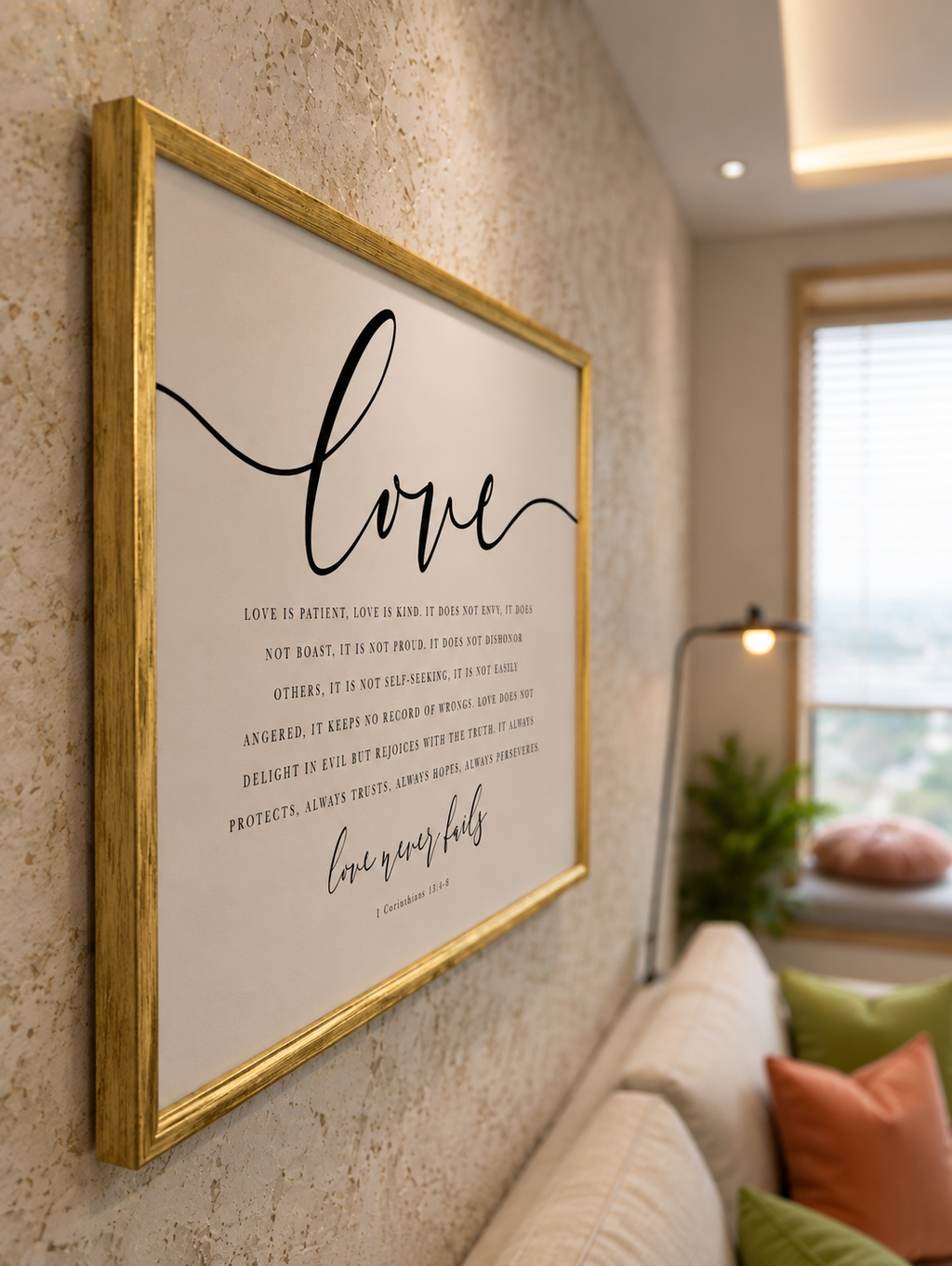 Love Never Fails — 1 Corinthians 13:4–8 | 24×36 Gold Framed Scripture Wall Art