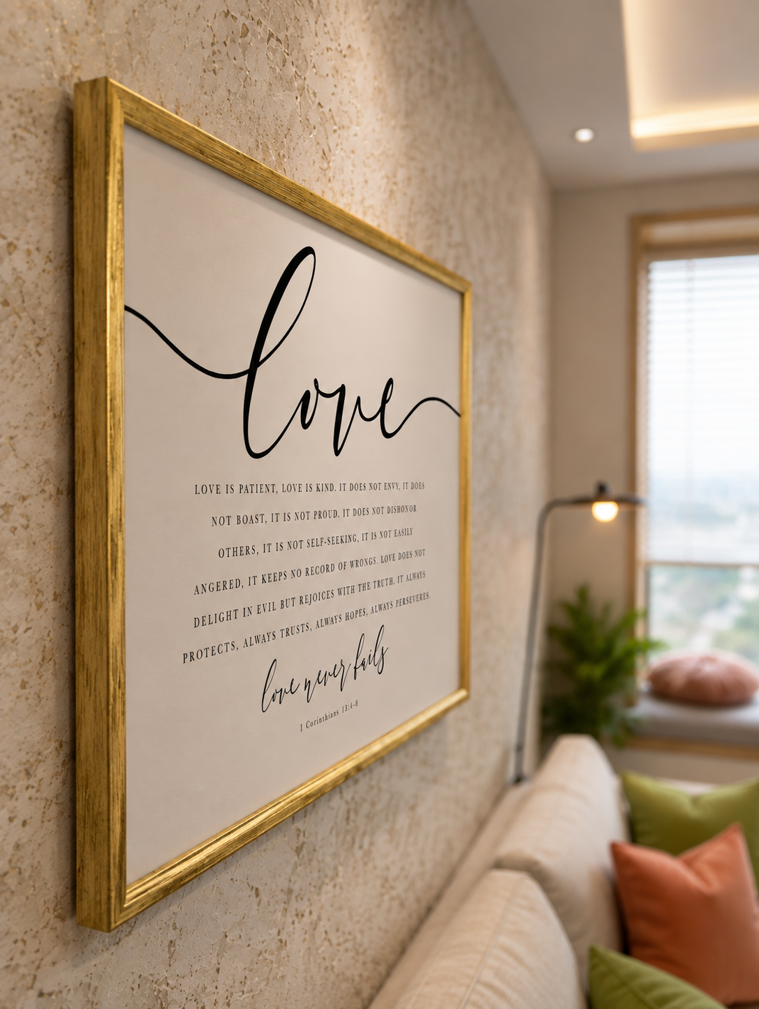 Love Never Fails — 1 Corinthians 13:4–8 | 24×36 Gold Framed Scripture Wall Art
