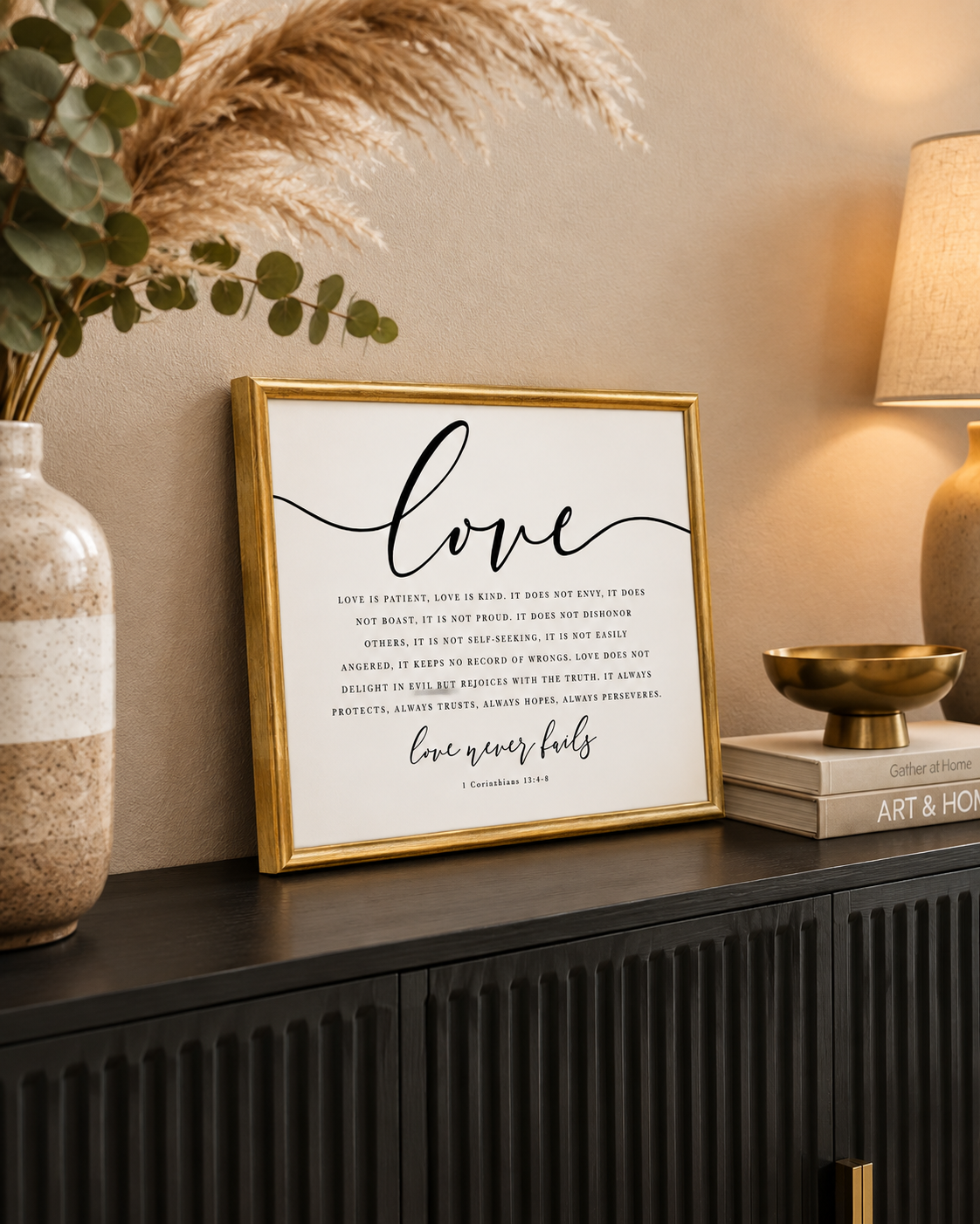 Love Never Fails — 1 Corinthians 13:4–8 | 12×16 Gold Framed Scripture Wall Art