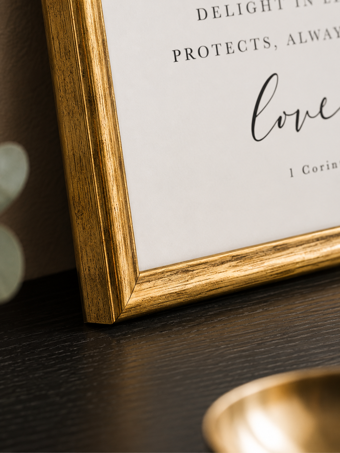 Love Never Fails — 1 Corinthians 13:4–8 | 12×16 Gold Framed Scripture Wall Art