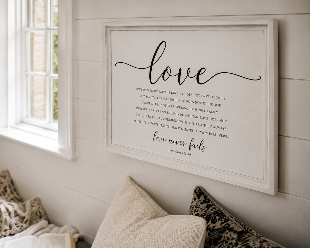 Love Never Fails — 1 Corinthians 13:4–8 | 12x16 White Framed Scripture Wall Art