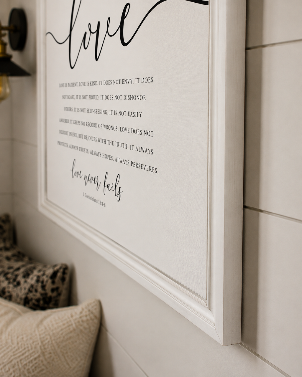 Love Never Fails — 1 Corinthians 13:4–8 | 12x16 White Framed Scripture Wall Art