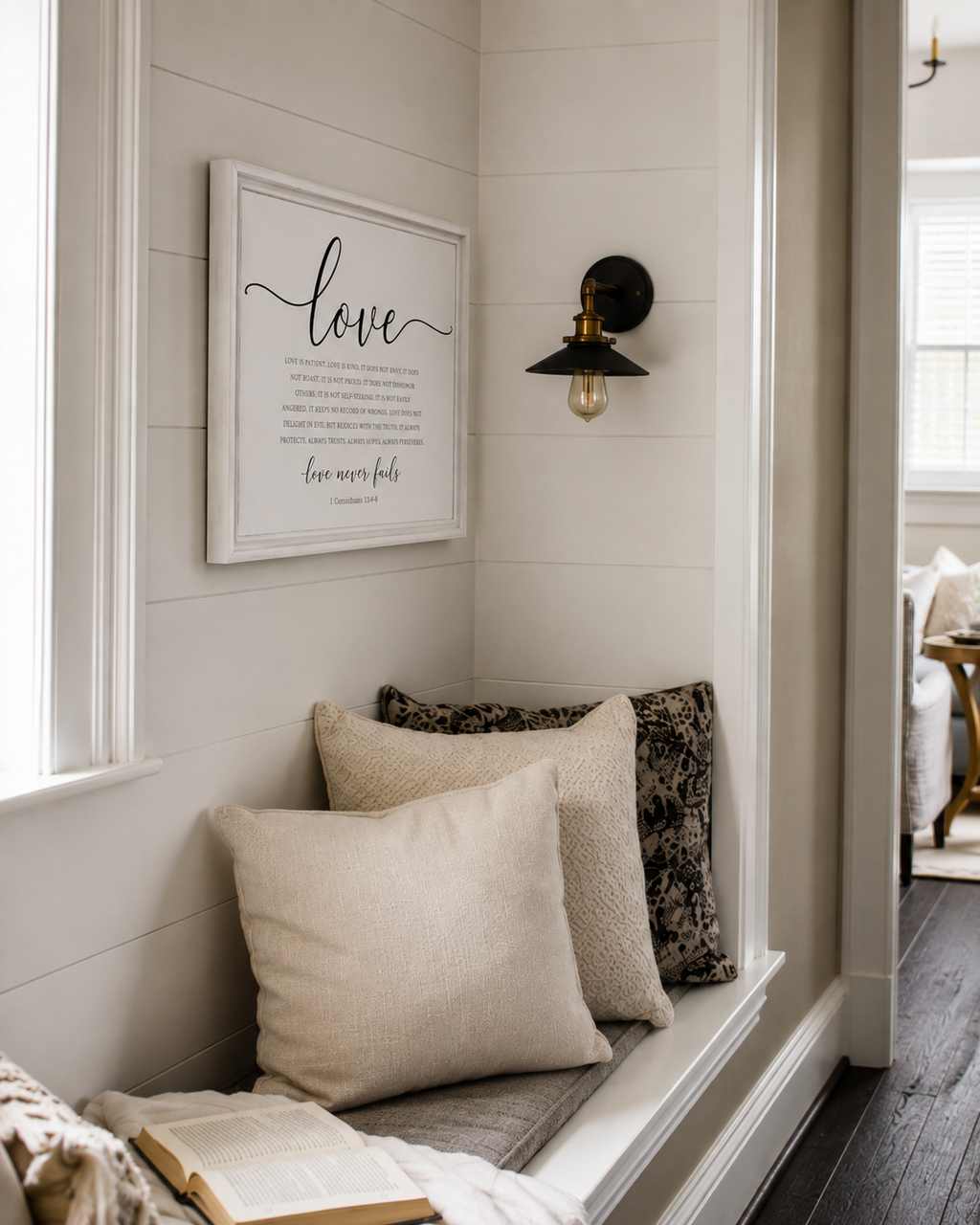 Love Never Fails — 1 Corinthians 13:4–8 | 12x16 White Framed Scripture Wall Art