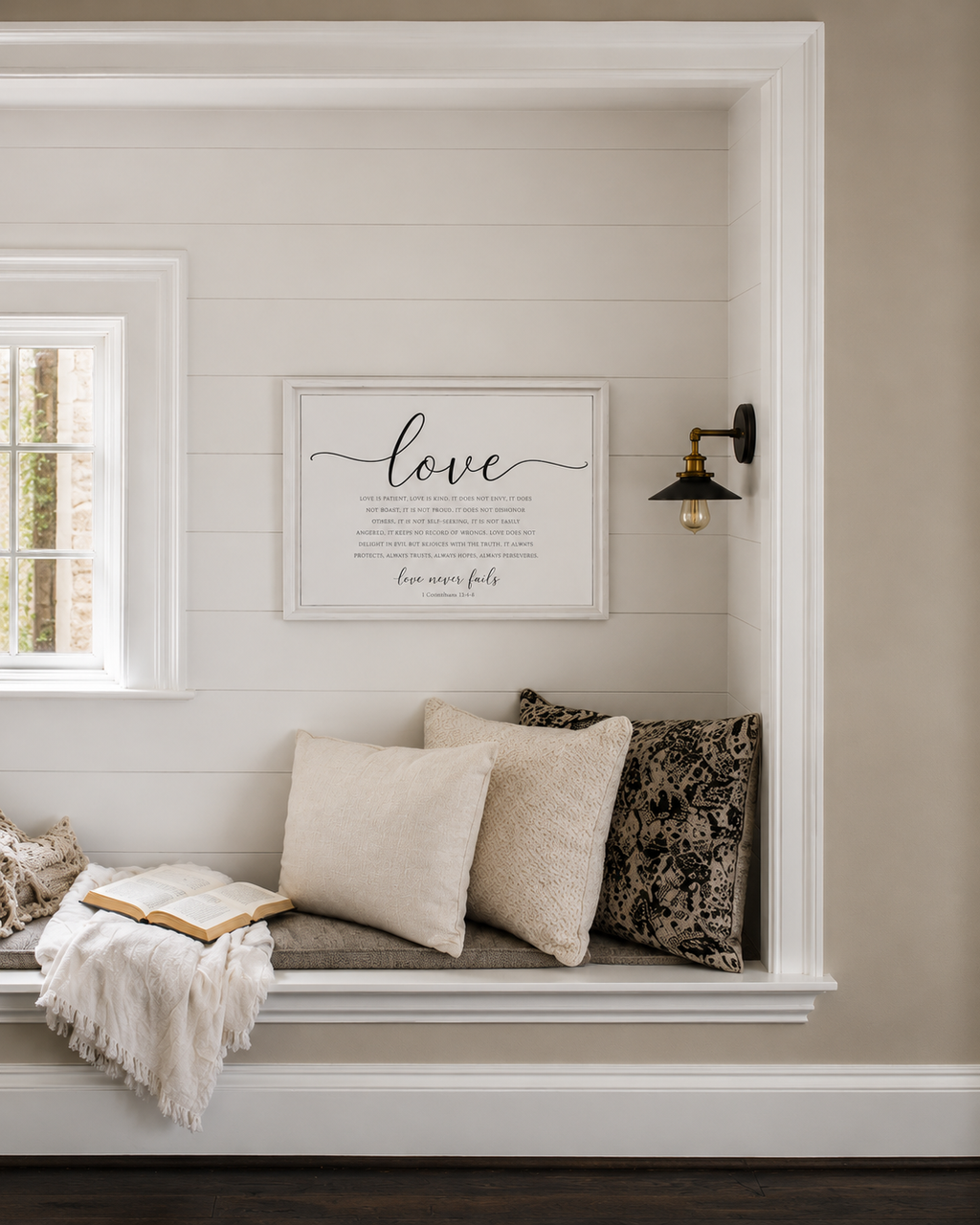 Love Never Fails — 1 Corinthians 13:4–8 | 12x16 White Framed Scripture Wall Art
