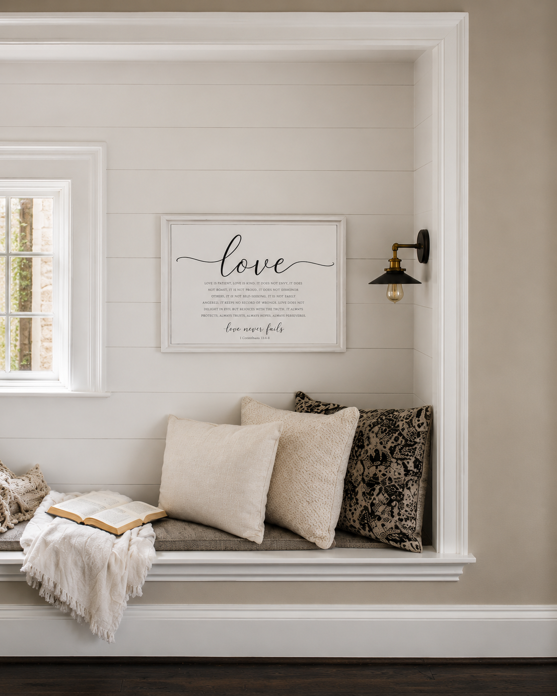 Love Never Fails — 1 Corinthians 13:4–8 | 12x16 White Framed Scripture Wall Art