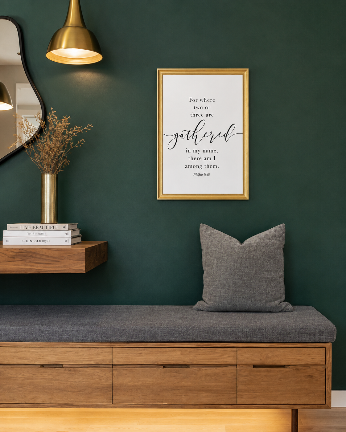 Where Two or Three Are Gathered — Matthew 18:20 | 12×16 Gold Framed Scripture Wall Art