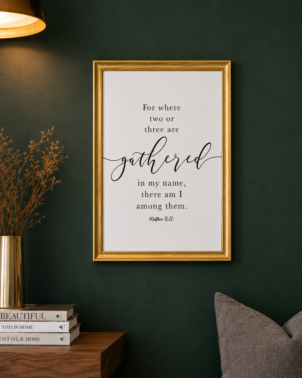 Where Two or Three Are Gathered — Matthew 18:20 | 12×16 Gold Framed Scripture Wall Art