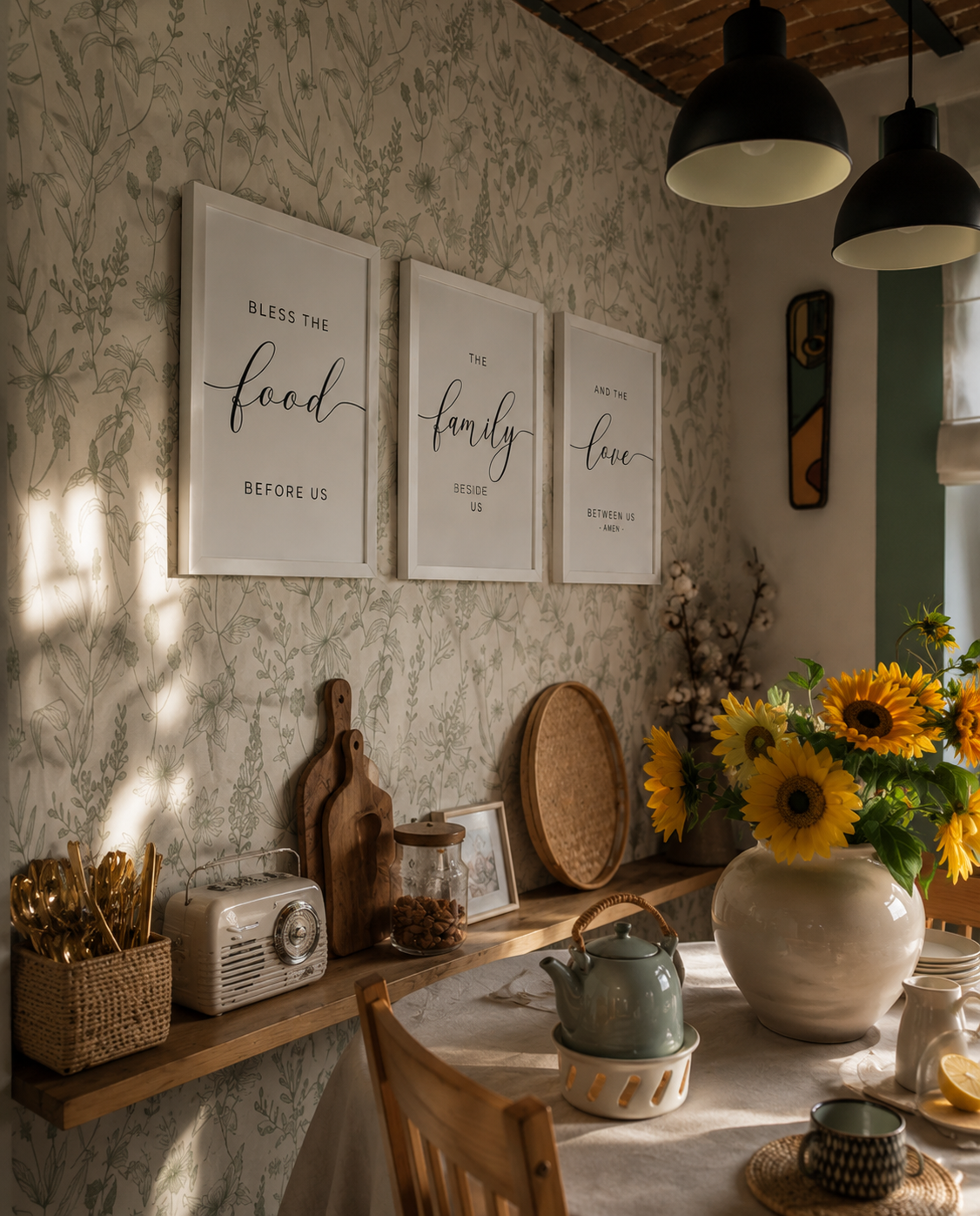 Bless the Food, Family & Love — 3-Piece Dining Prayer Set | 12×16 White Framed Wall Art