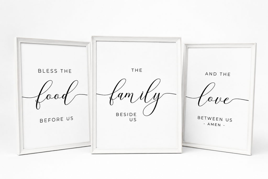Bless the Food, Family & Love — 3-Piece Dining Prayer Set | 12×16 White Framed Wall Art
