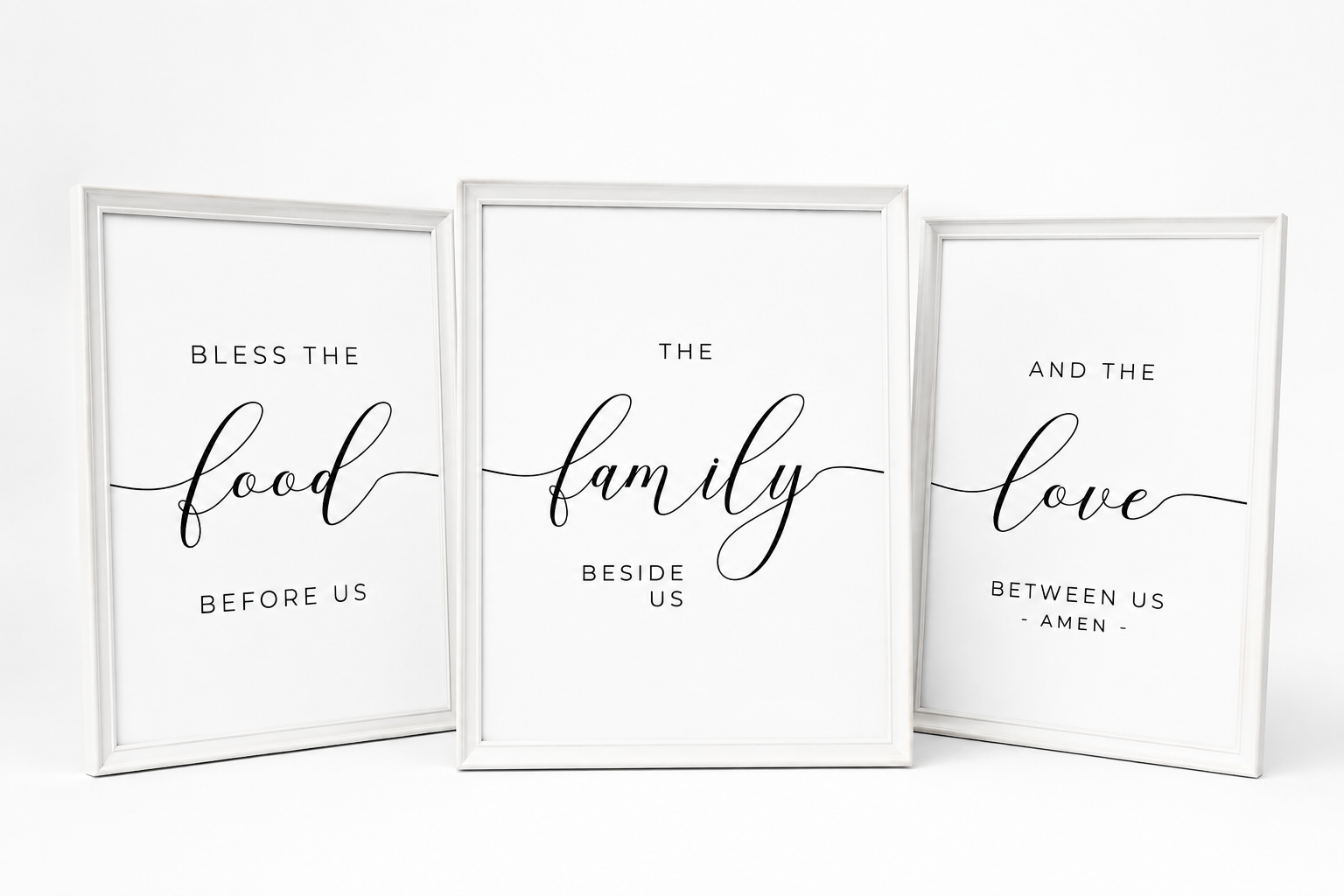 Bless the Food, Family & Love — 3-Piece Dining Prayer Set | 12×16 White Framed Wall Art