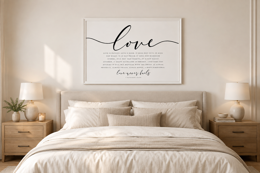 Love Never Fails — 1 Corinthians 13:4–8 | 24×36 XL Framed Scripture Wall Art
