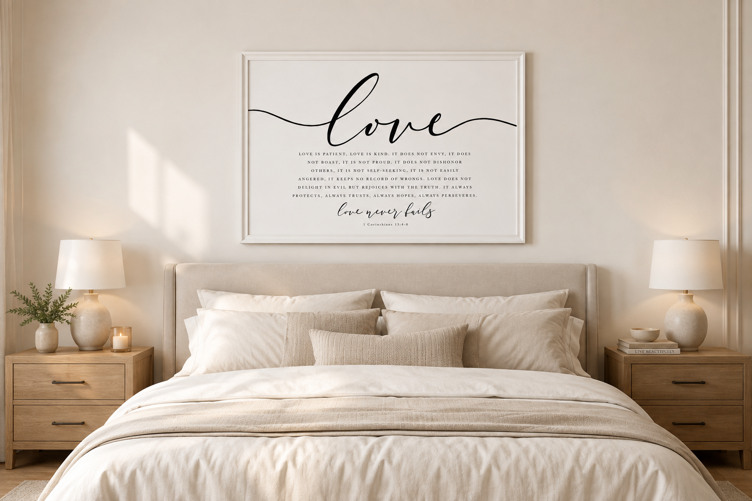 Love Never Fails — 1 Corinthians 13:4–8 | 24×36 XL Framed Scripture Wall Art