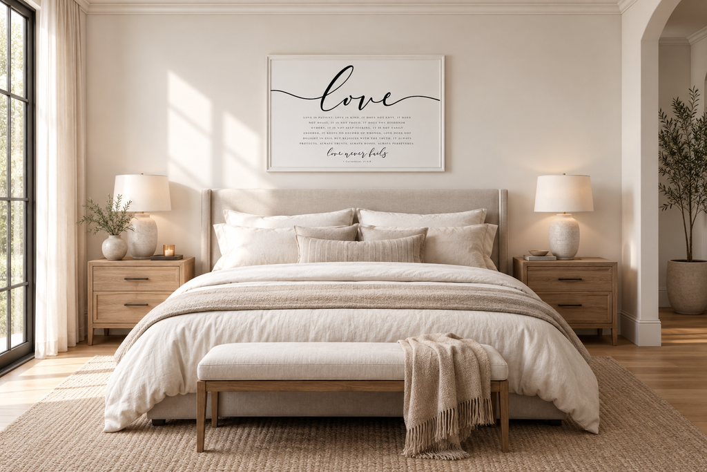 Love Never Fails — 1 Corinthians 13:4–8 | 24×36 XL Framed Scripture Wall Art
