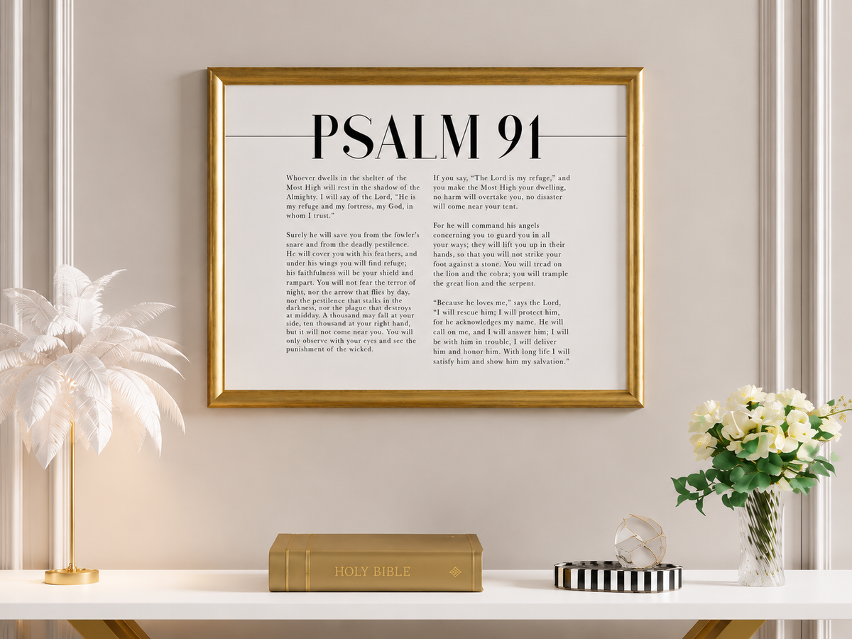 Psalm 91 — He Is My Refuge | 12×16 Gold Framed Scripture Wall Art