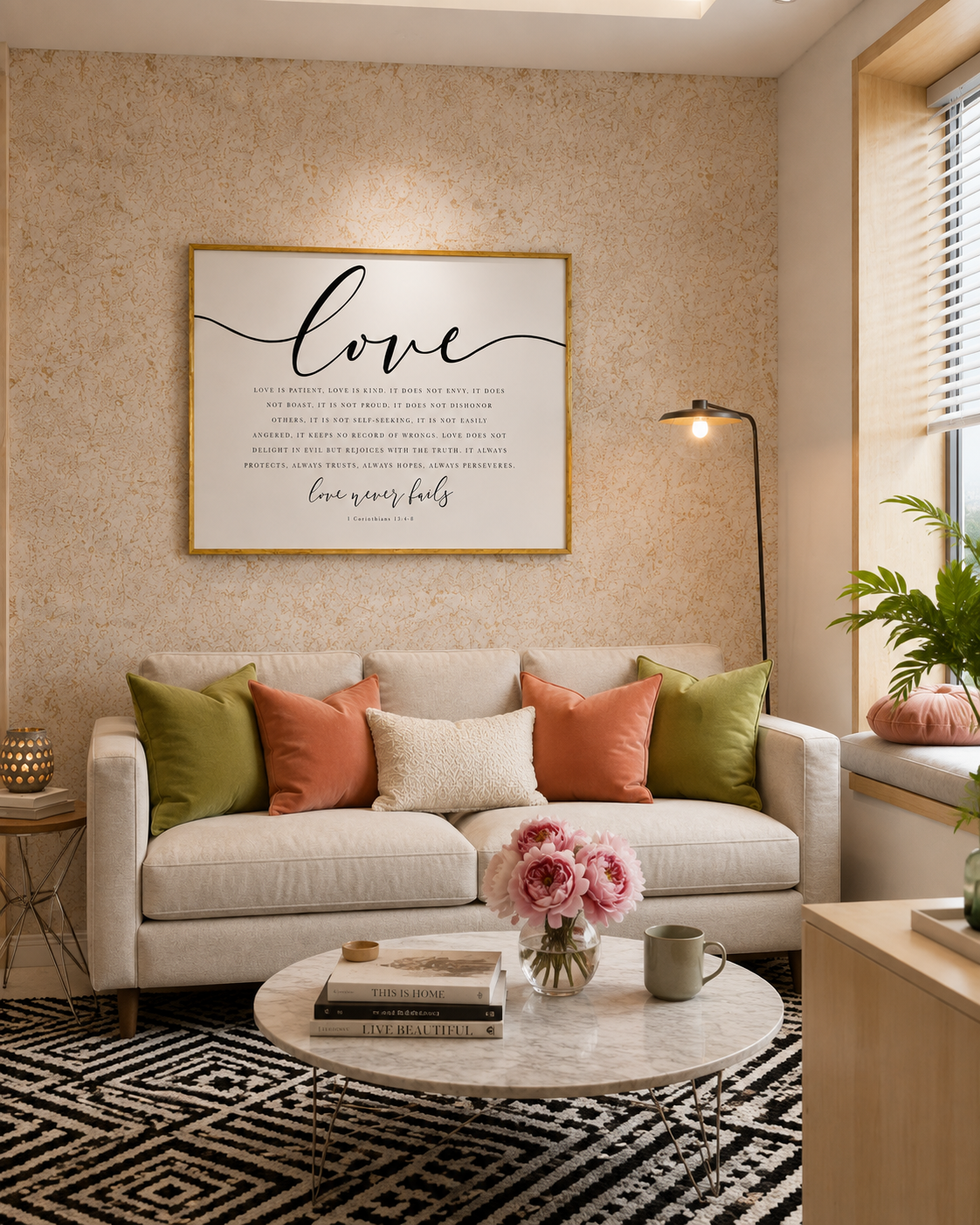 Love Never Fails — 1 Corinthians 13:4–8 | 24×36 Gold Framed Scripture Wall Art